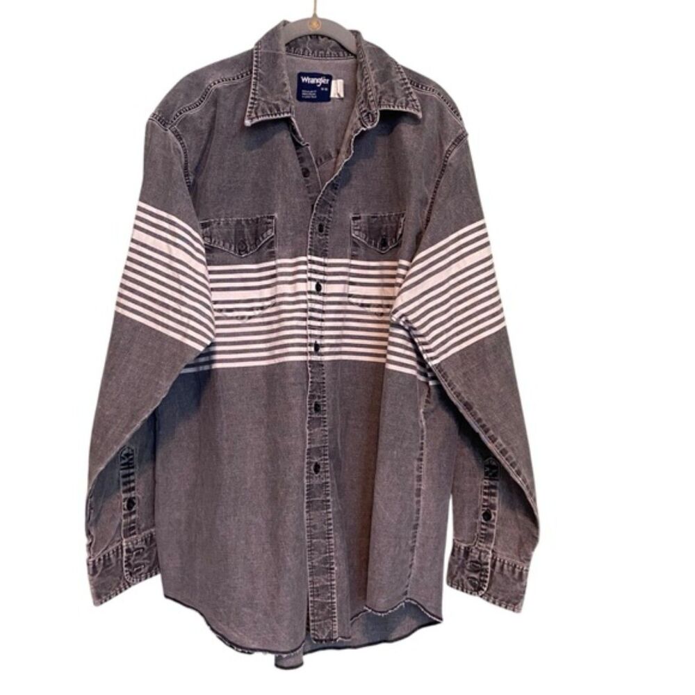 Vintage Wrangler Brushpopper Grey Faded Striped Western Long Sleeve 2XL Long